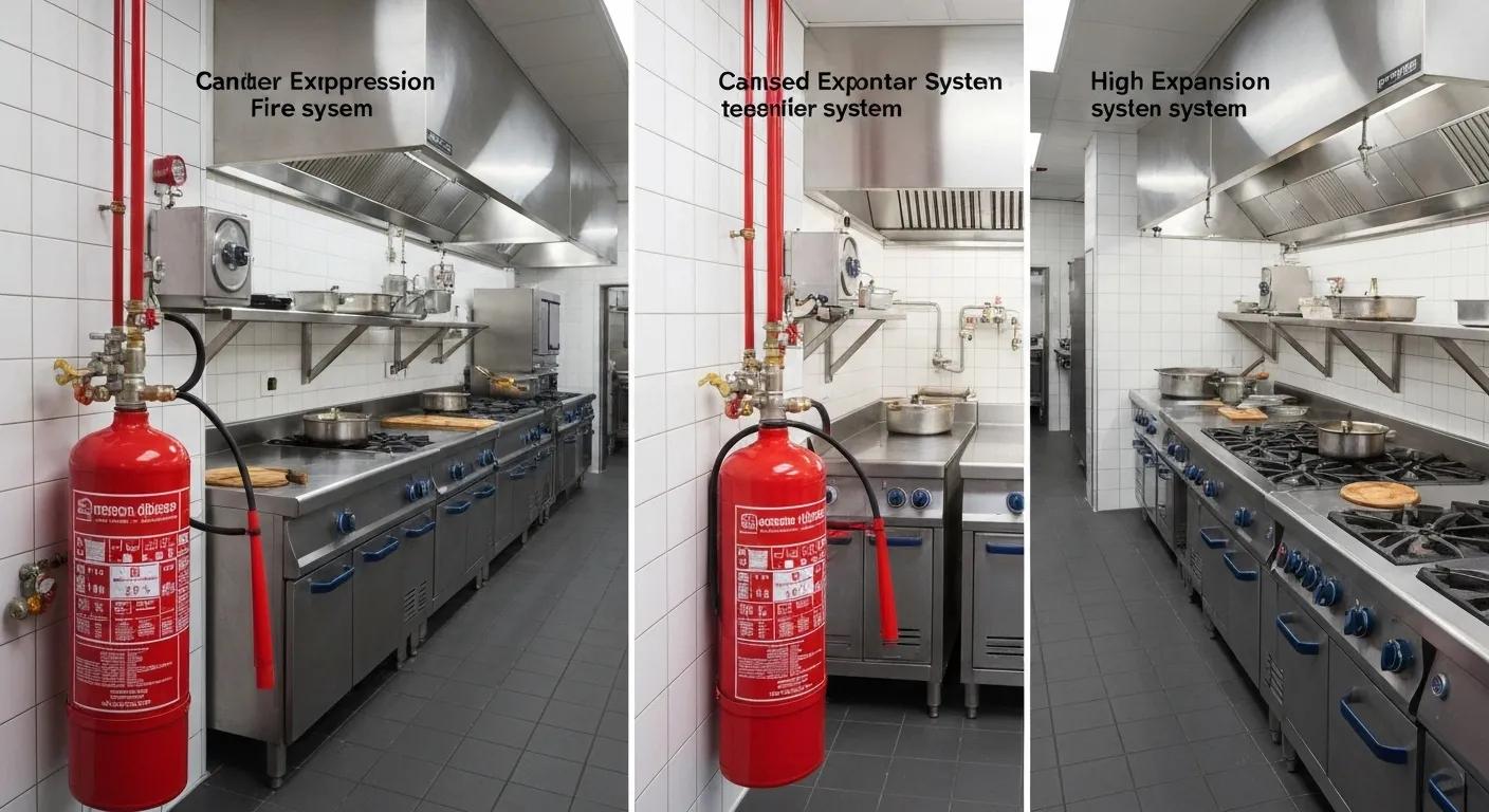 Different types of kitchen fire suppression systems displayed in a commercial kitchen setting