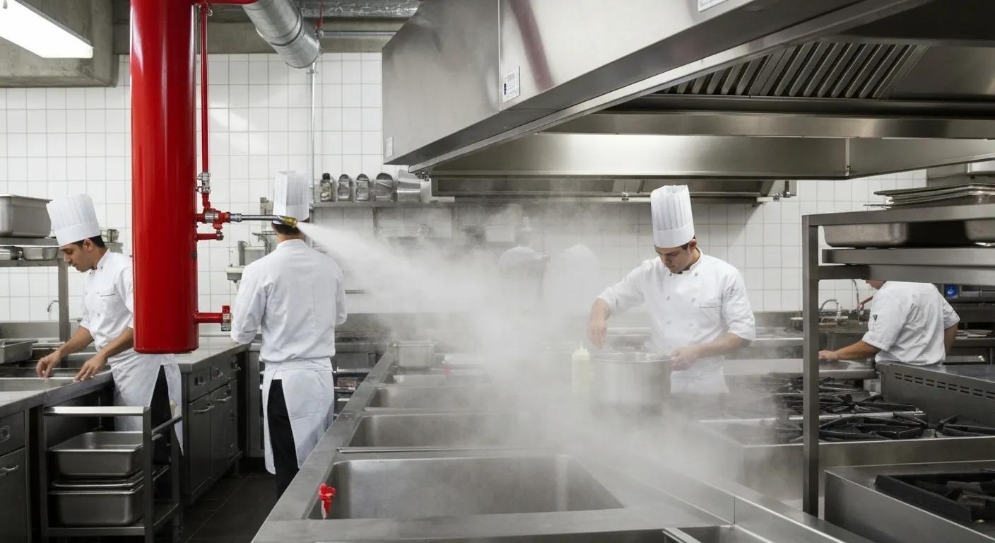 Wet chemical fire suppression system in action in a commercial kitchen ensuring safety during cooking