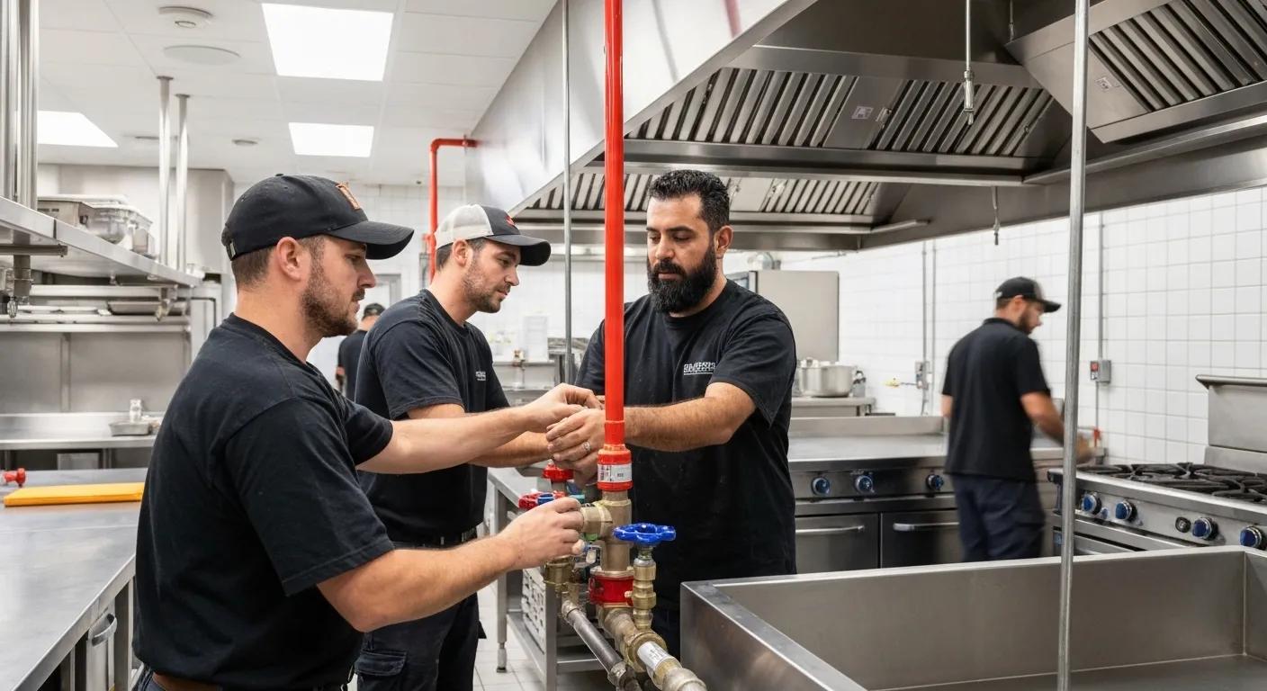 Technicians installing a kitchen fire suppression system in a commercial kitchen environment