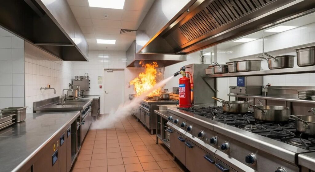 Modern fire suppression system installation in a commercial kitchen highlighting safety and compliance