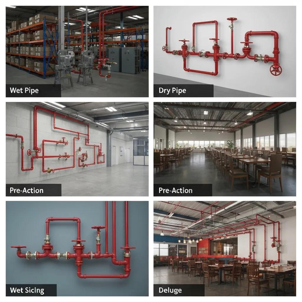 A clear visual comparison of different commercial fire sprinkler system types: wet pipe, dry pipe, pre-action, and deluge.