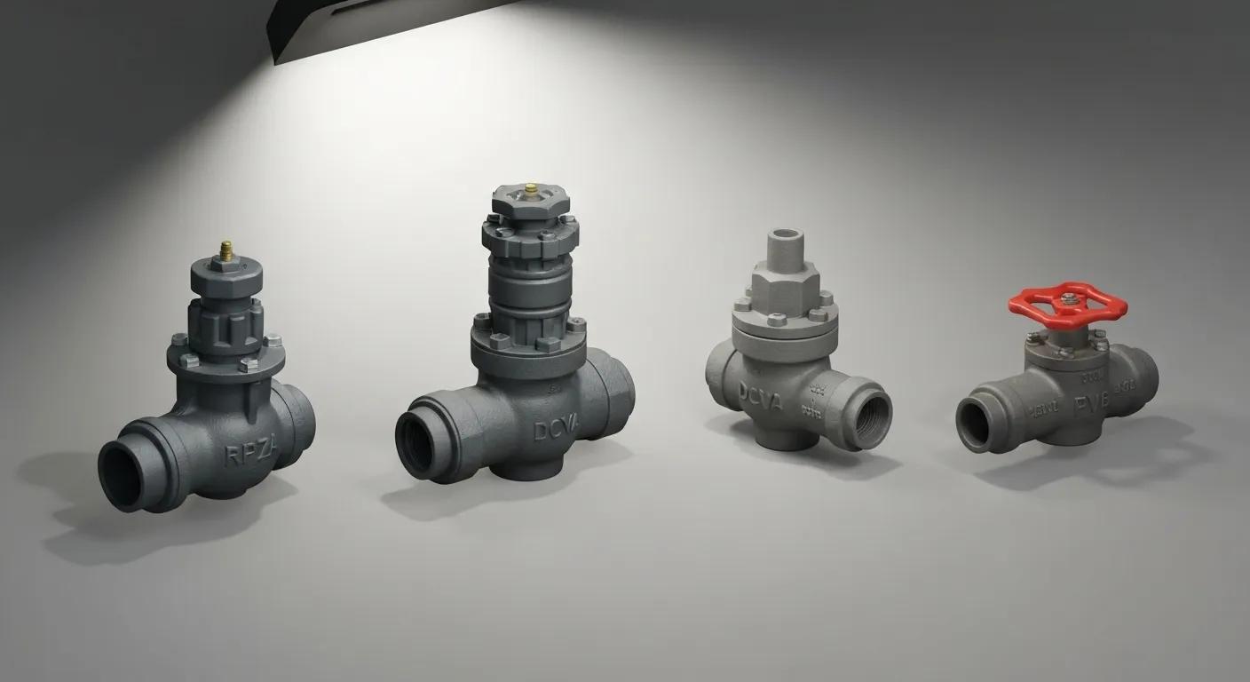 A selection of backflow preventer types, including RPZA, DCVA, and PVB, displayed for comparison