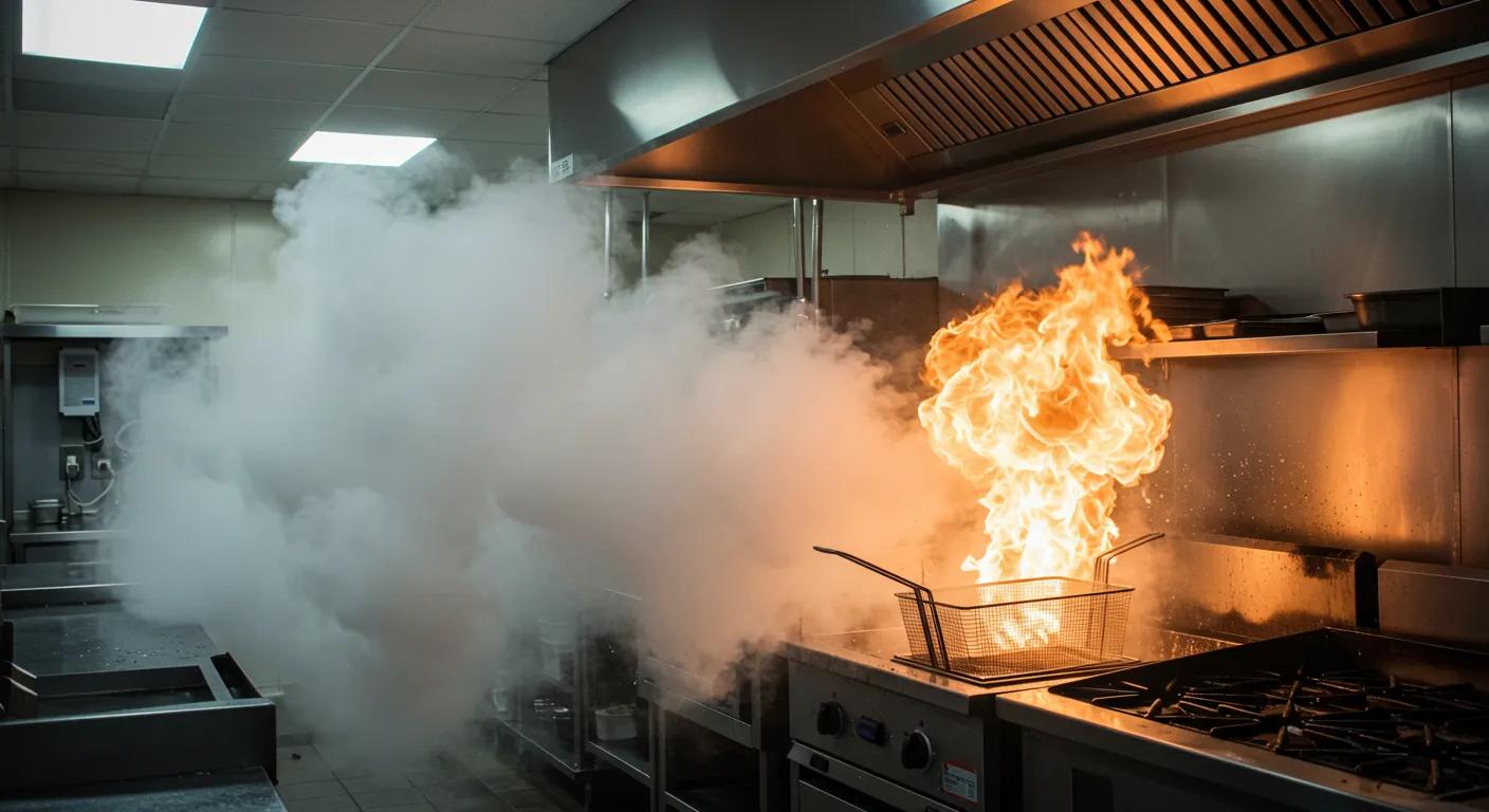 A wet chemical fire suppression system actively discharging its agent, effectively extinguishing a grease fire and ensuring kitchen safety.