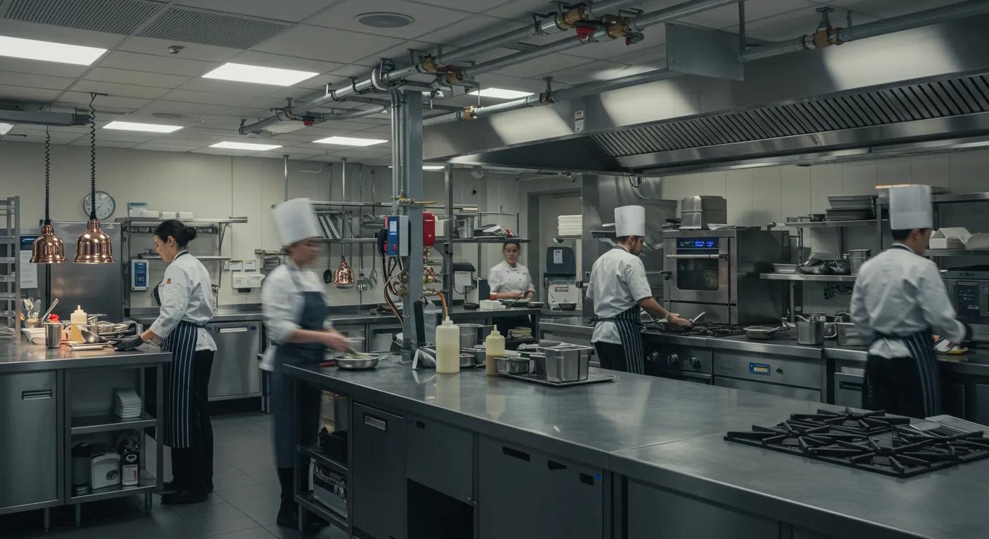 An advanced hybrid fire suppression system seamlessly integrated into a bustling commercial kitchen, showcasing cutting-edge safety technology.