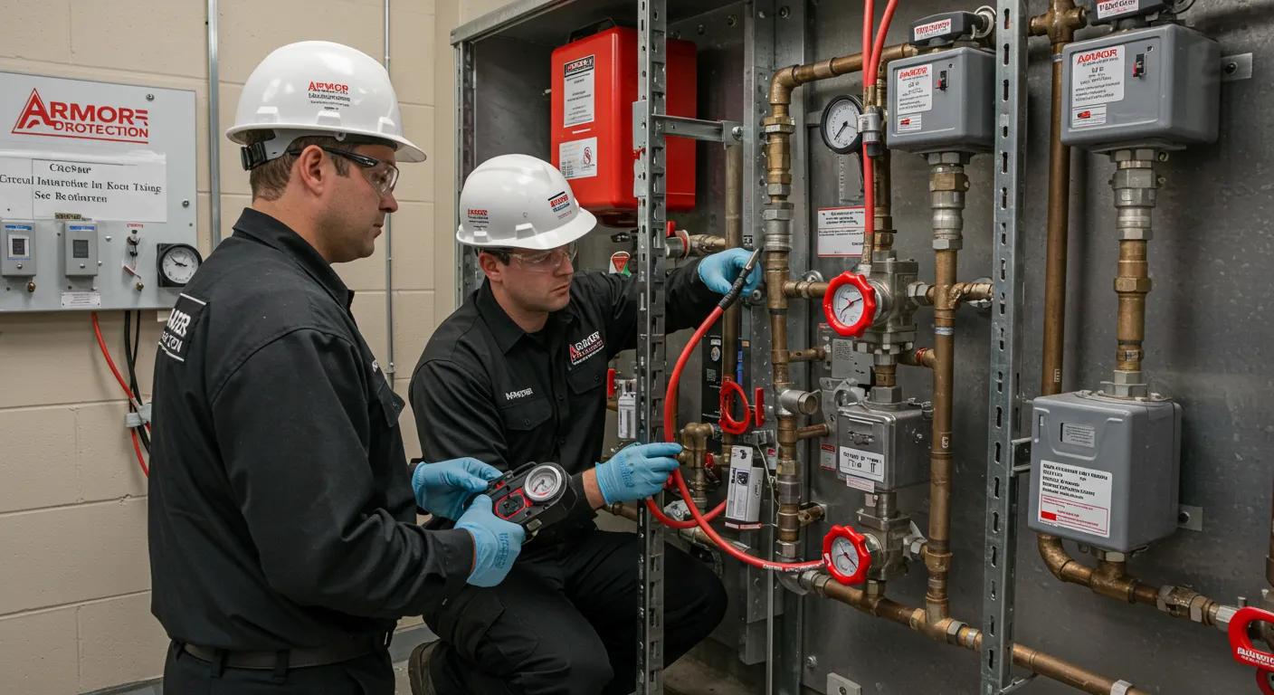 Armor Fire Protection's certified technicians performing a meticulous step-by-step backflow test, ensuring professional service and full compliance.