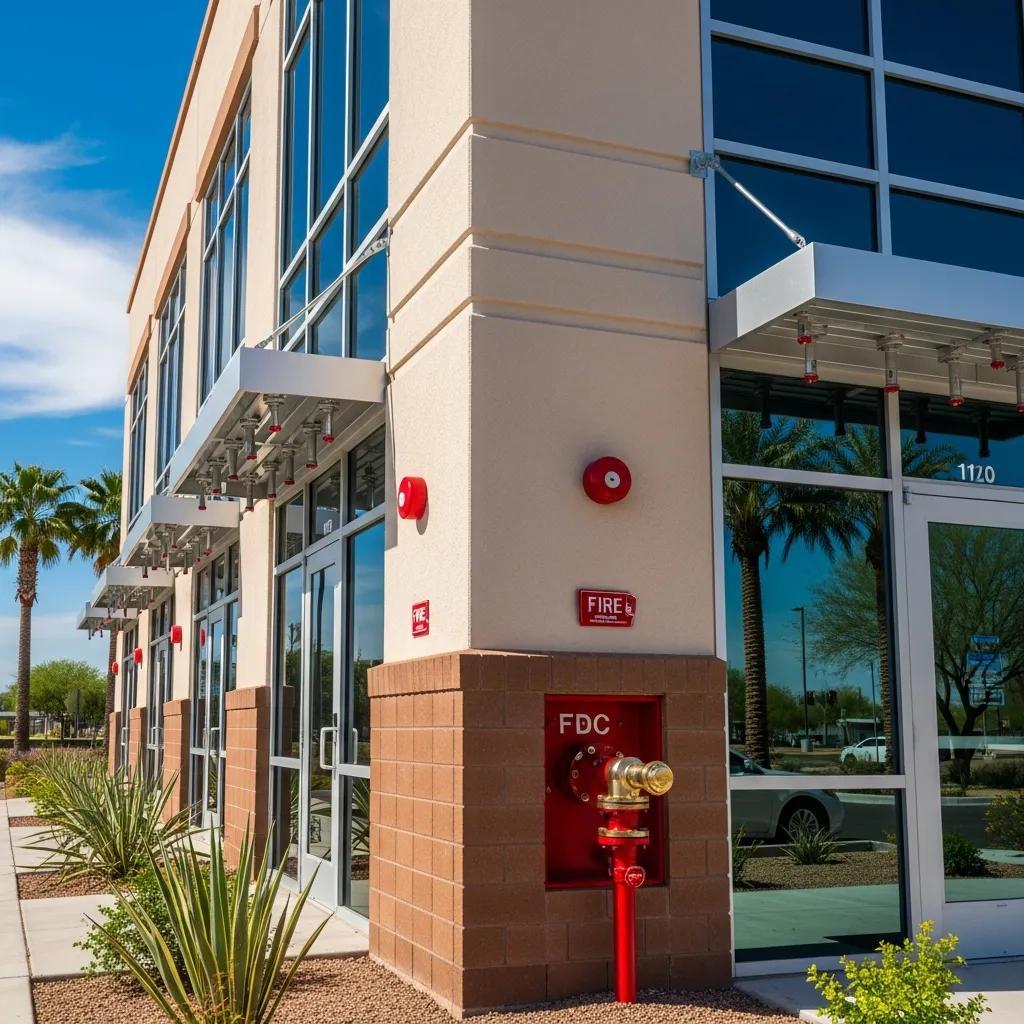 Commercial building in Phoenix with modern fire protection systems highlighting safety features