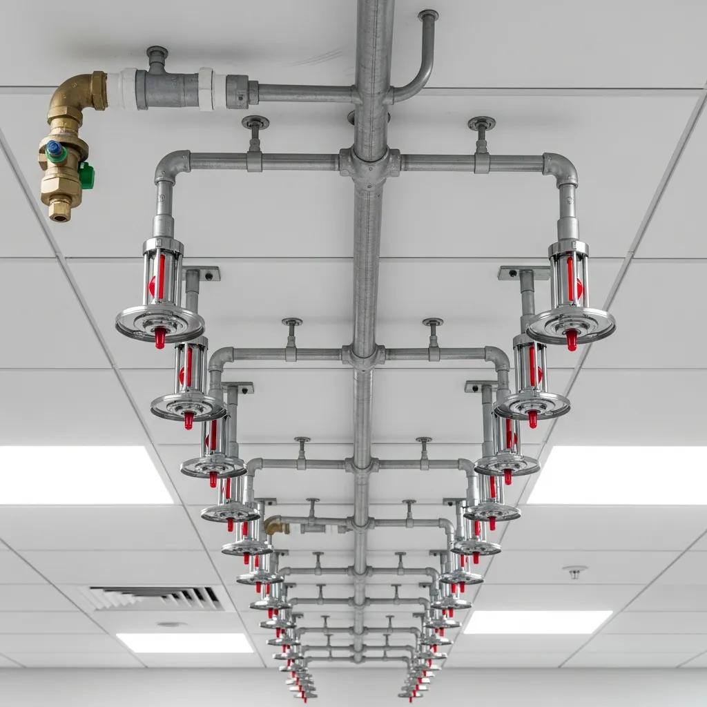 Commercial fire sprinkler system installed in a business environment, highlighting safety features