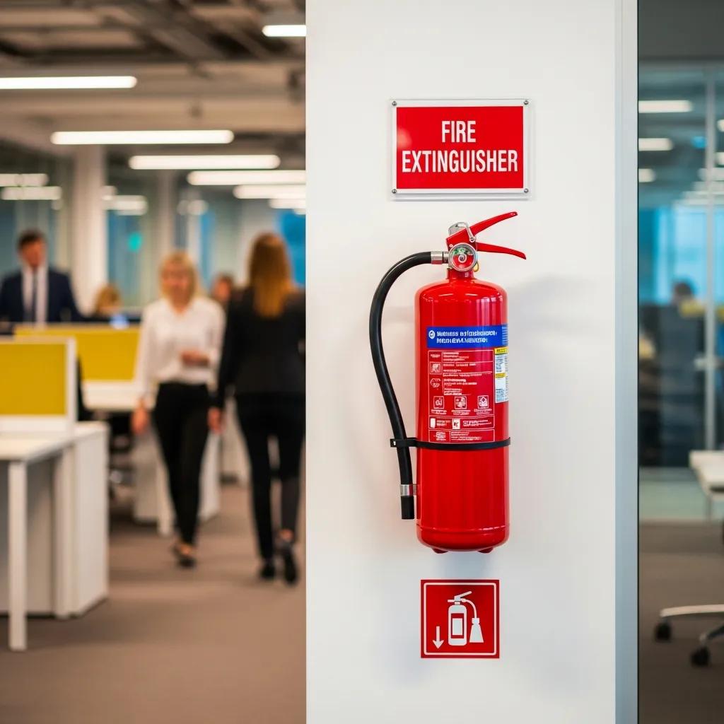 Fire extinguisher in a commercial setting highlighting safety and compliance