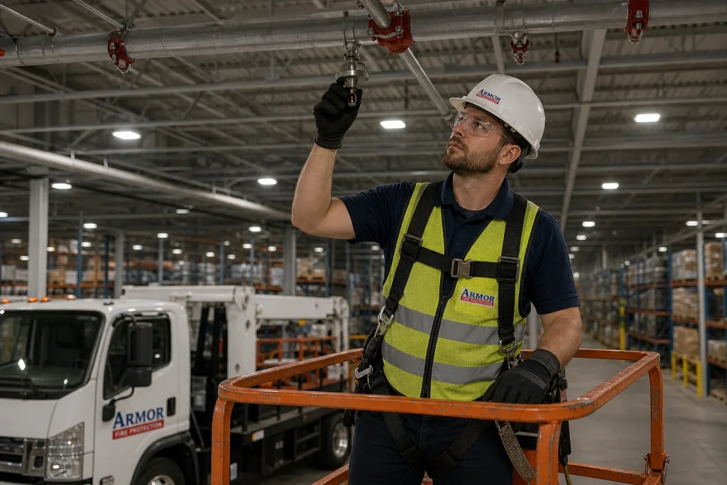 ArmorFirePro technician inspecting commercial fire sprinkler system in warehouse representing grunau fire protection standards