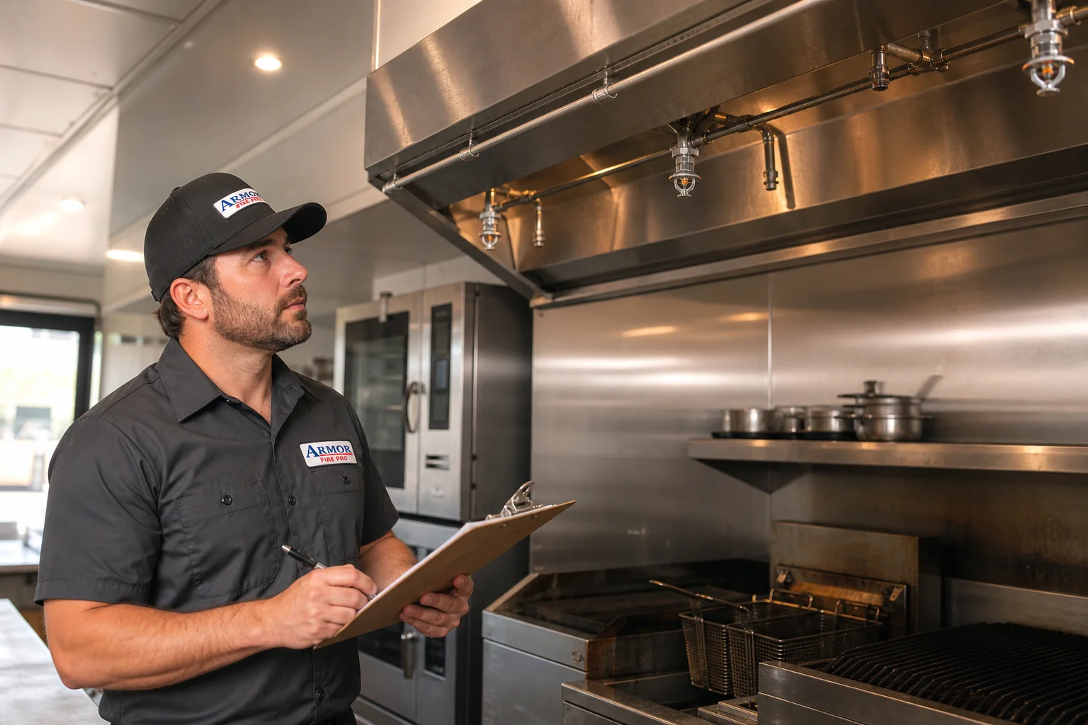 Fire protection technician performing hazard assessment in commercial kitchen with suppression system equipment