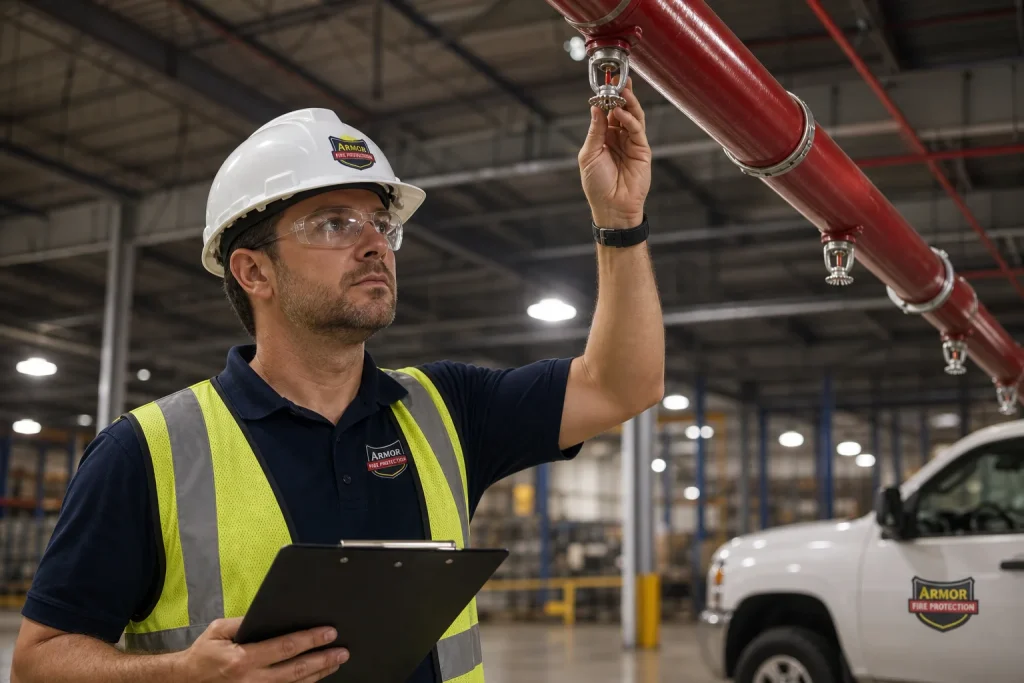 Fire protection technician inspecting commercial sprinkler system for superstition fire district protection compliance