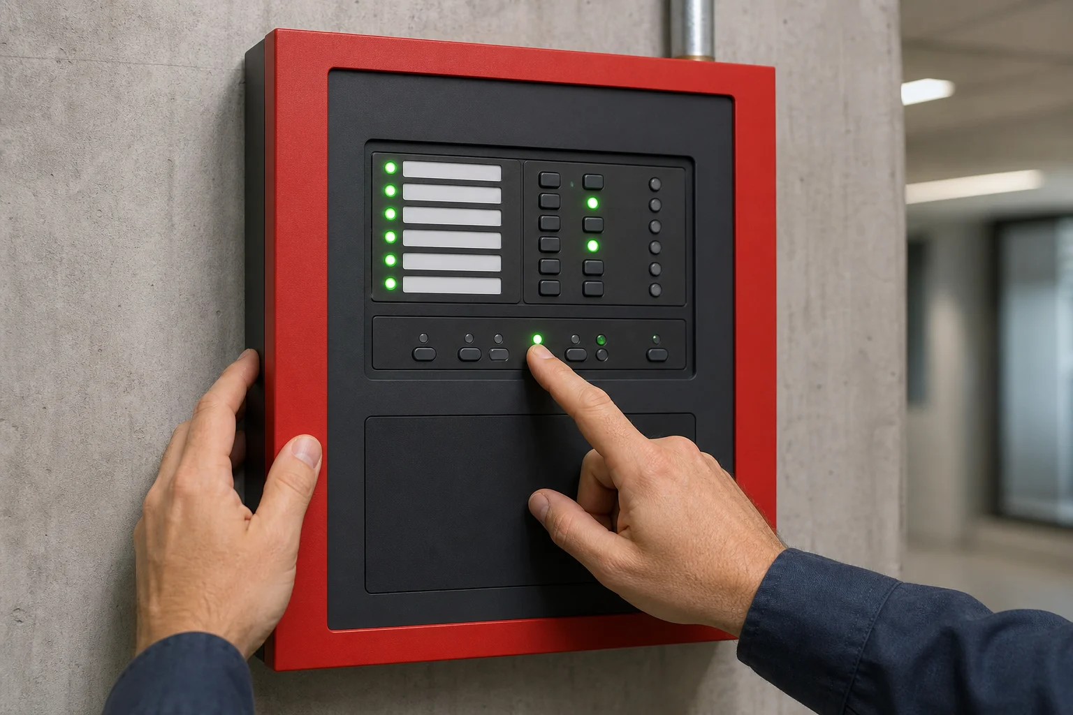 Fire protection technician testing a fire alarm control panel inside a commercial building