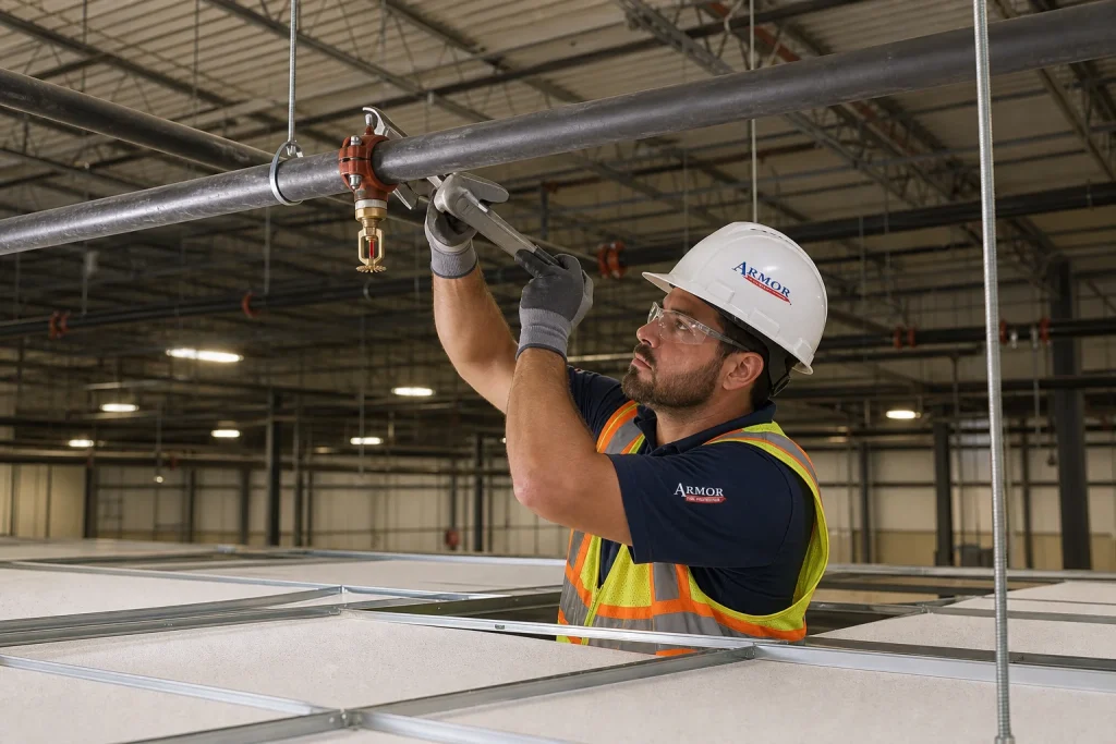 Licensed technician performing commercial fire sprinkler installation in a Phoenix area warehouse