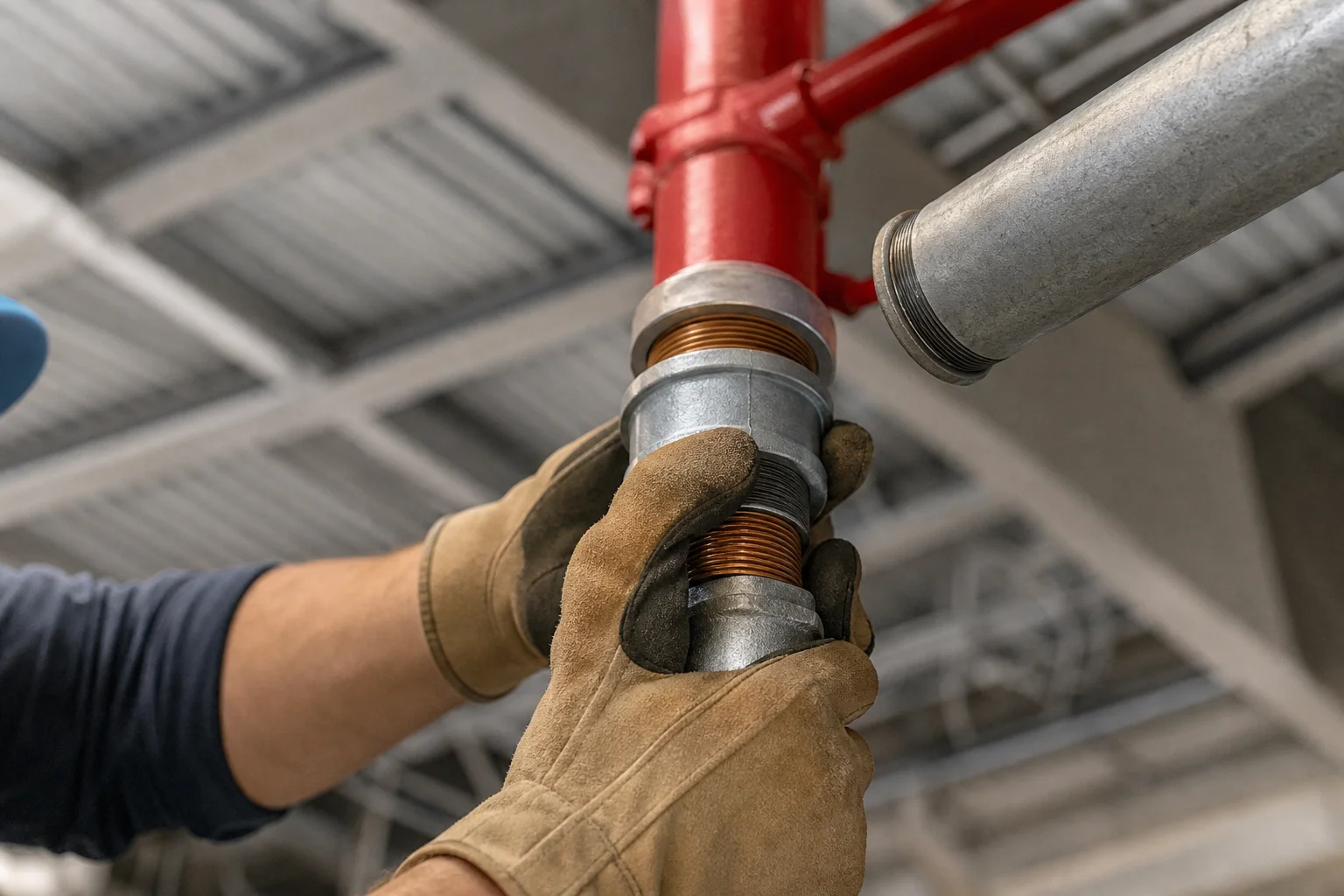 Fire protection technician inspecting commercial sprinkler pipe connections above a drop ceiling during installation