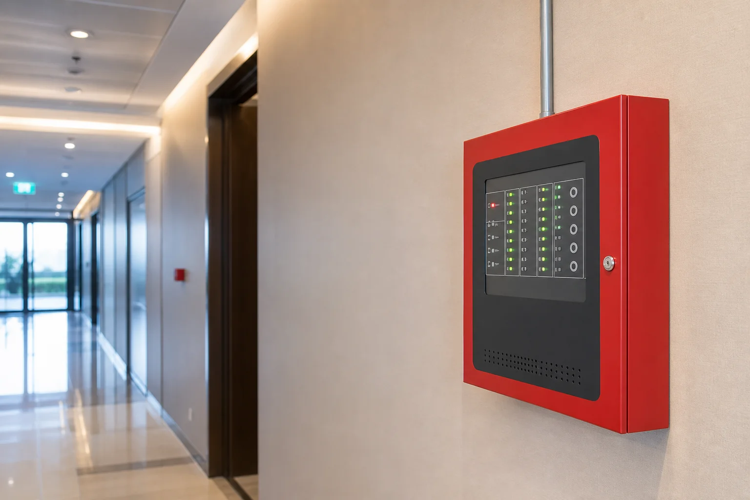 Commercial fire alarm control panel being tested by a certified technician in a Phoenix Arizona office building