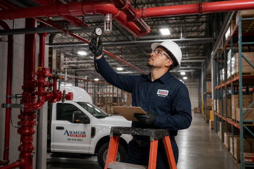 ArmorFirePro technician inspecting industrial fire protection sprinkler system in a Phoenix warehouse