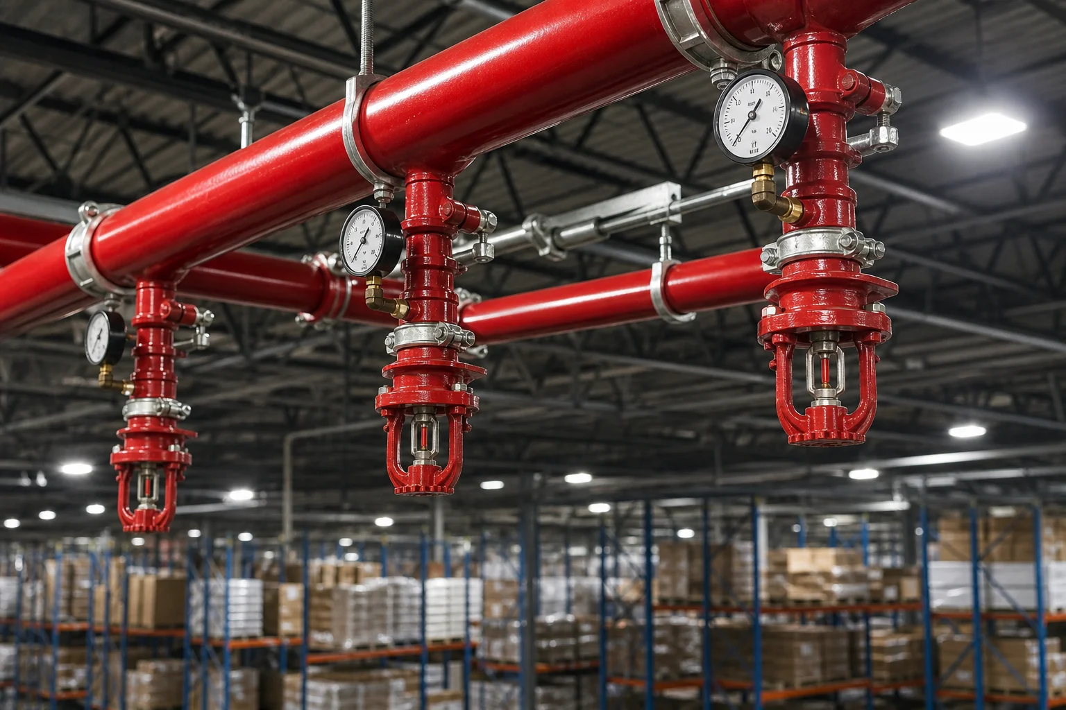 Industrial sprinkler system inspection in progress inside a commercial warehouse with high-rack storage