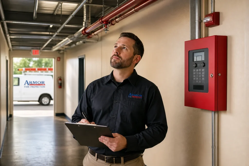 Licensed fire protection specialist reviewing NFPA compliance documentation on a clipboard during an Arizona commercial building inspection