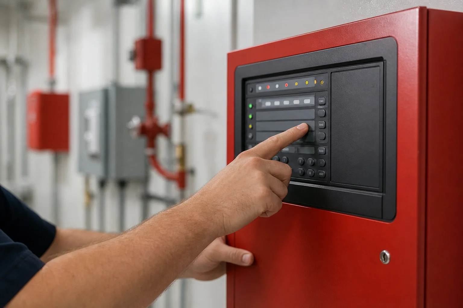Fire protection technician reviewing NFPA compliance requirements during a commercial building inspection