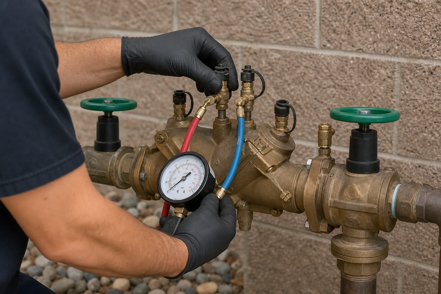 A certified fire protection technician performs backflow prevention testing on a commercial water supply line outside a Phoenix building