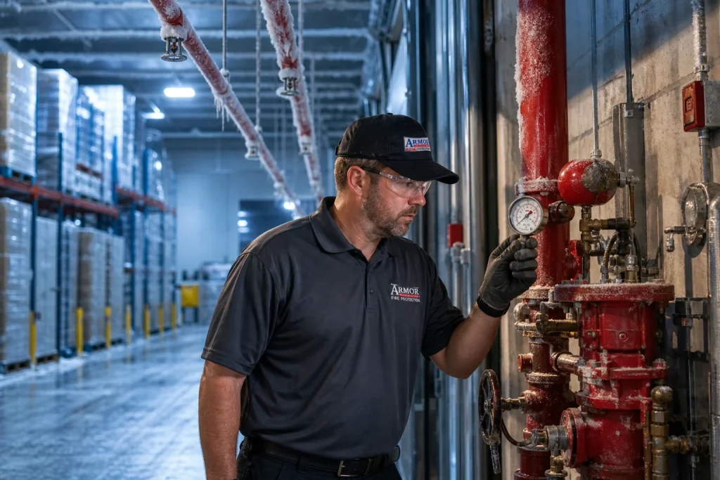 Fire protection technician inspecting a dry fire sprinkler system valve in a cold storage warehouse