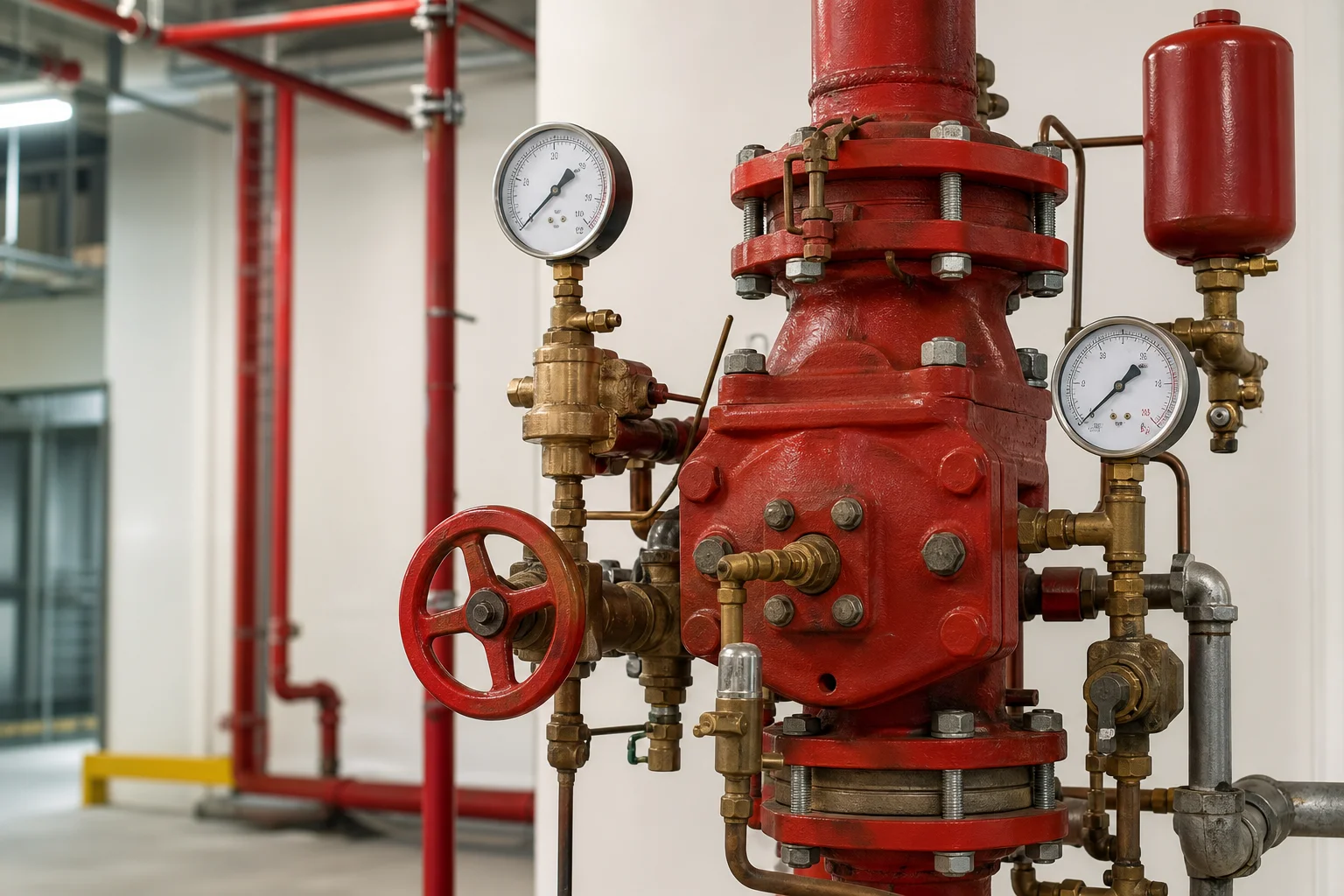 dry fire sprinkler system pipe network with a technician checking a dry pipe valve in a cold storage warehouse
