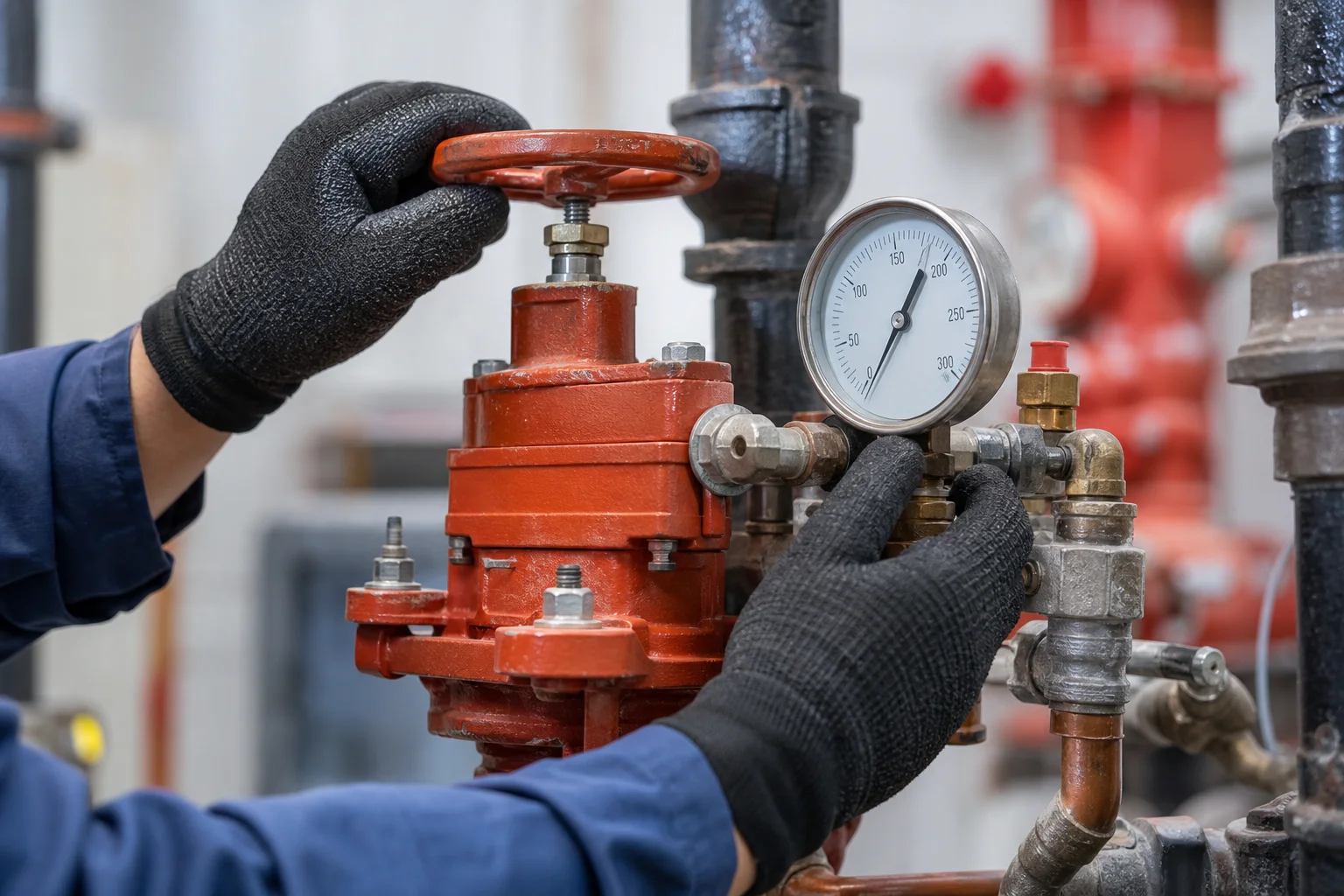 Fire protection technician testing a fire sprinkler control valve and pressure gauge during an annual inspection