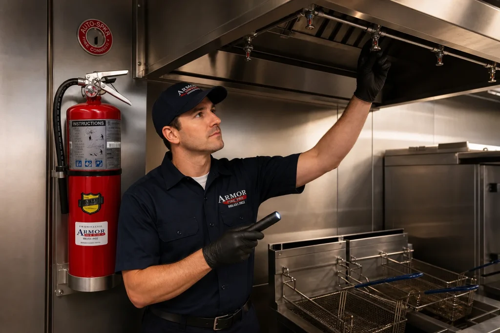 Fire protection technician inspecting kitchen fire suppression systems above a commercial kitchen fryer line