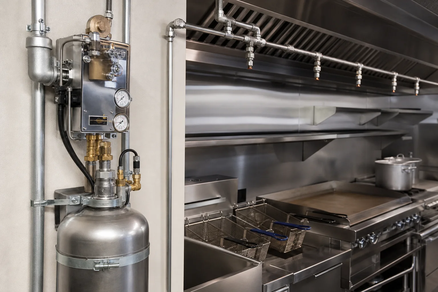 Fire protection technician inspecting a wet chemical fire suppression system nozzle above a commercial kitchen fryer