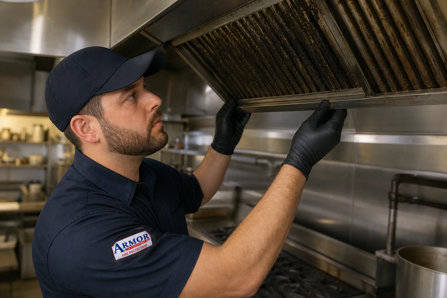 Fire protection technician inspecting a commercial kitchen exhaust hood and ductwork