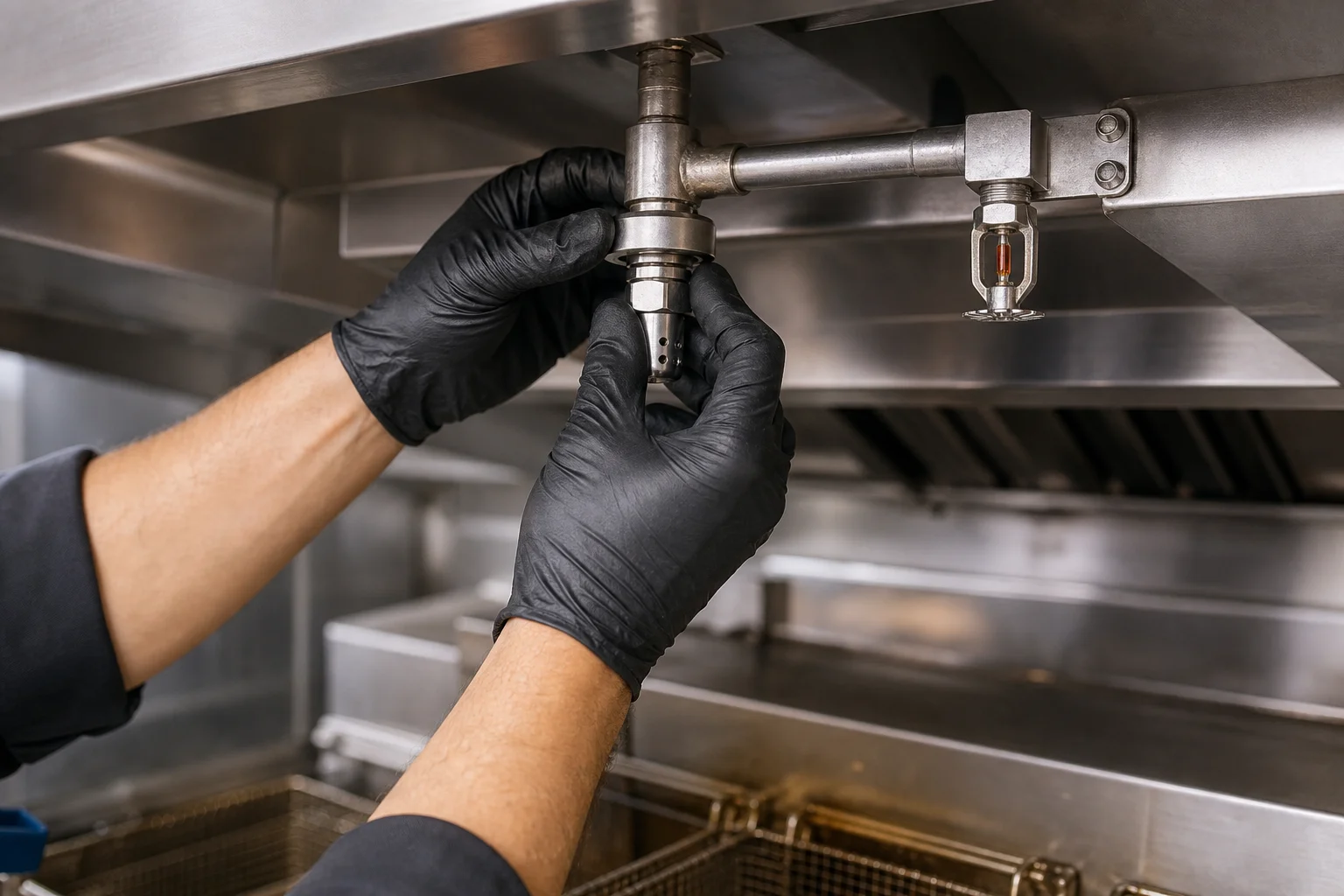 Fire protection technician inspecting kitchen hood suppression system nozzles above a commercial cooking line