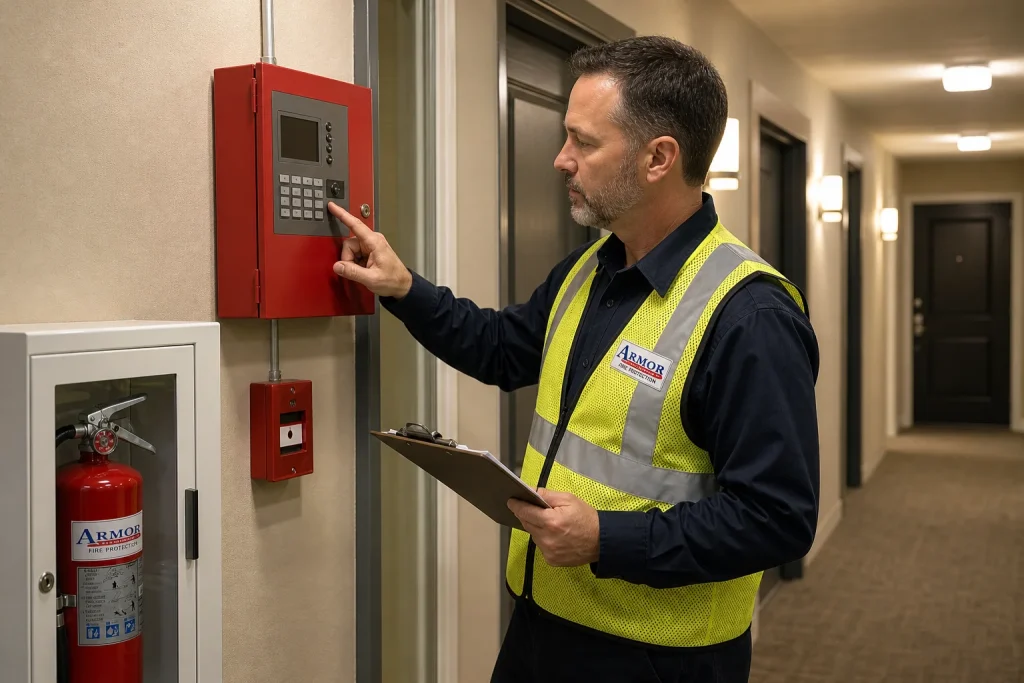 Fire protection technician testing a fire alarm control panel in a multifamily apartment hallway