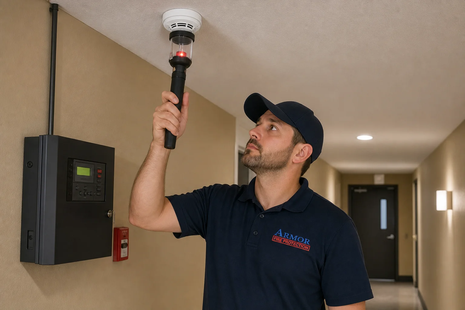 Fire protection technician testing a ceiling smoke detector during scheduled fire alarm testing in an apartment hallway