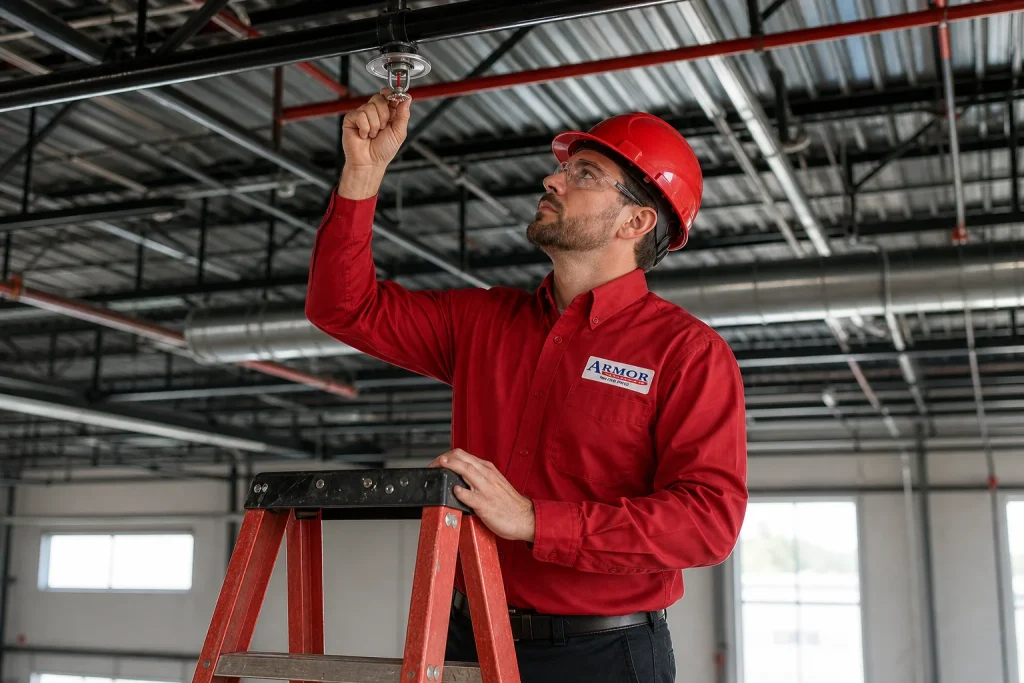 Fire protection technician inspecting a sprinkler head during a fire protection system upgrade in a commercial warehouse