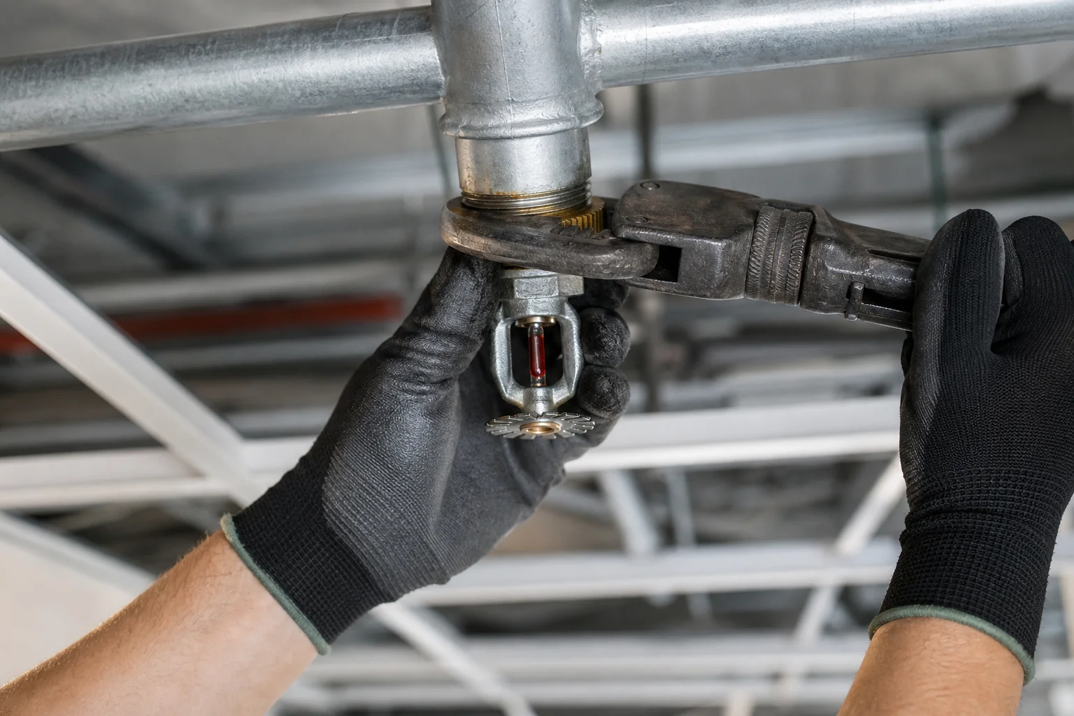 Fire protection technician installing a new sprinkler head into overhead commercial ceiling piping during a system retrofit