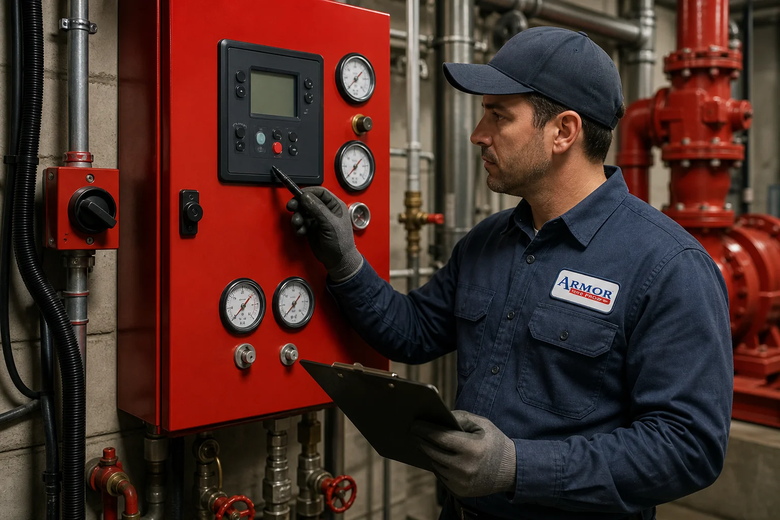 Fire protection technician performing fire pump installation in Phoenix at a commercial mechanical room