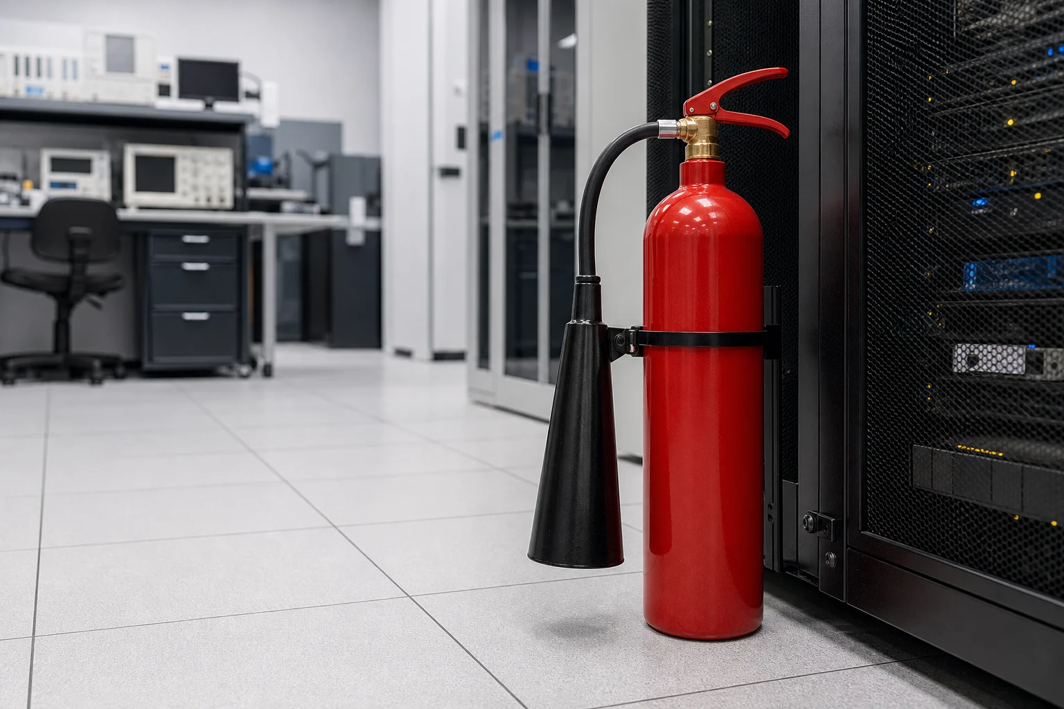 Fire protection technician inspecting a CO2 fire extinguisher near lab equipment in a medical facility