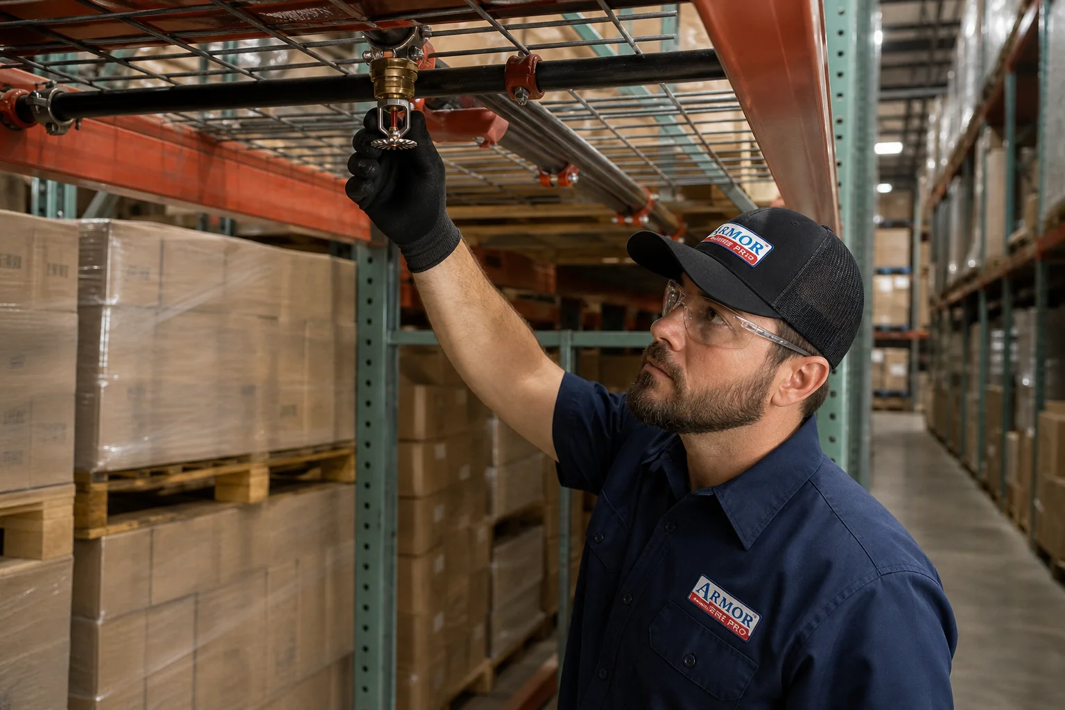 Warehouse worker in an Armor Fire Pro branded uniform inspecting an in-rack sprinkler head between tall steel pallet racks