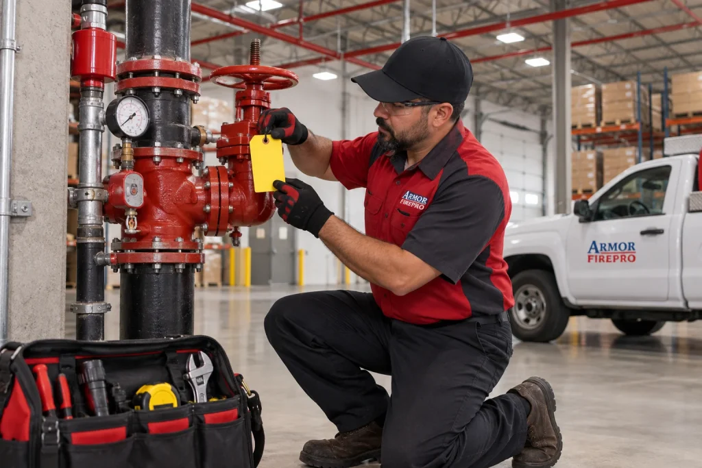 Fire protection technician tagging out an impaired sprinkler control valve during a fire watch in Phoenix