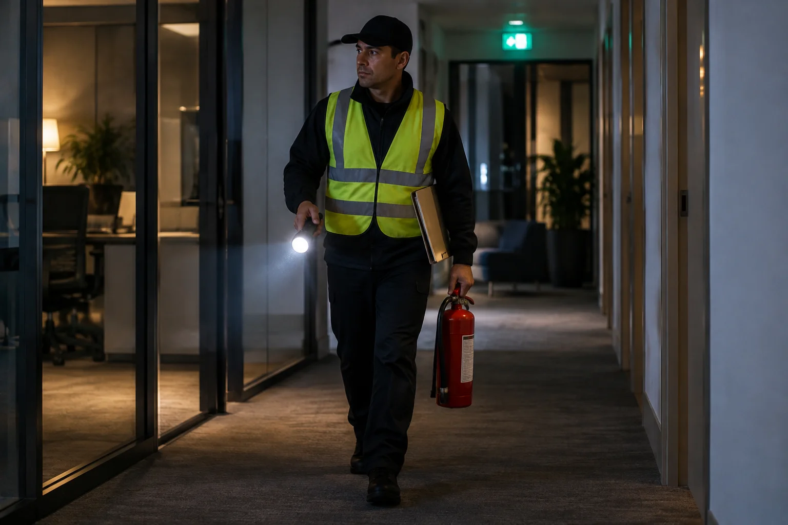 Fire watch patrol officer checking a commercial building corridor during a sprinkler system outage