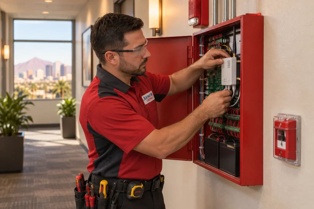 Fire protection technician performing a fire alarm cellular communicator upgrade inside an open control panel