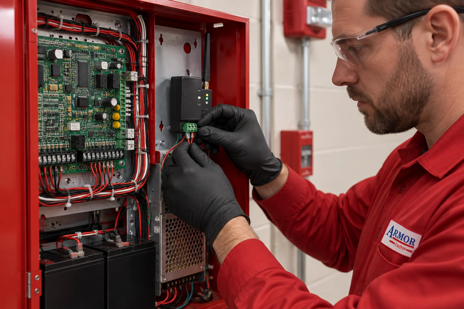 Fire protection technician wiring a cellular communicator module into an open commercial fire alarm control panel