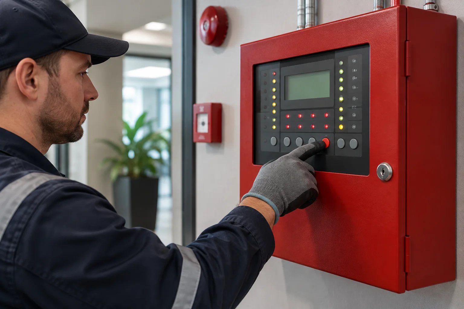 Close-up of an illuminated fire alarm control panel being tested by a technician's hand