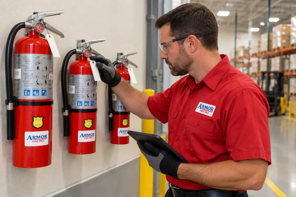Fire protection technician inspecting portable fire extinguishers during an NFPA 10 extinguisher service in a warehouse
