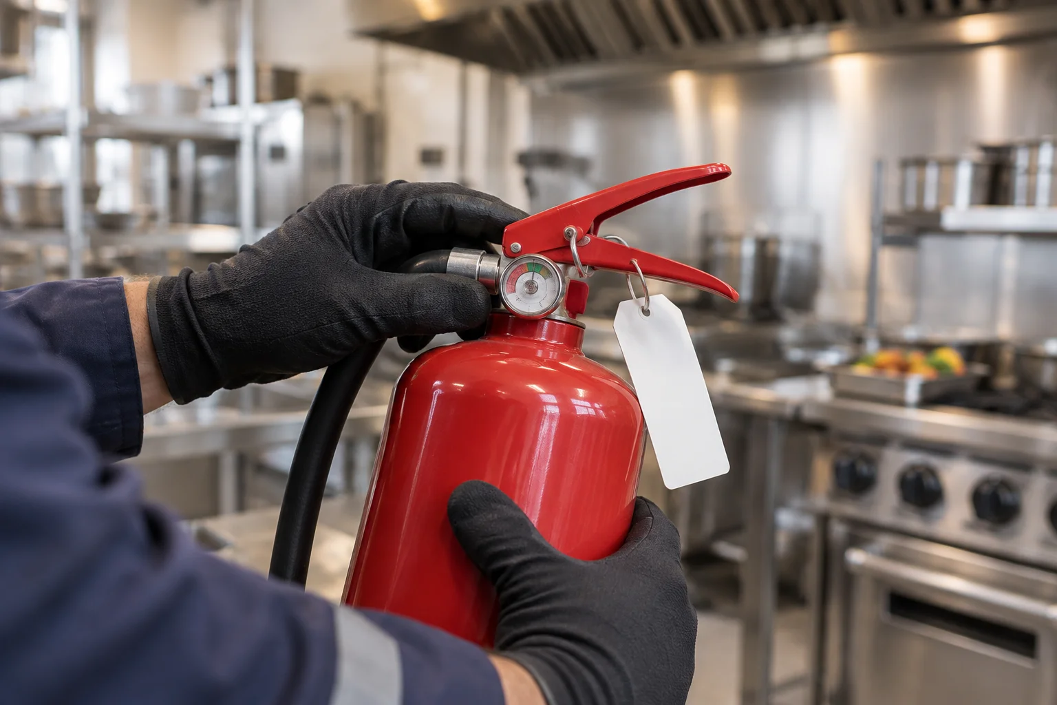 Fire protection technician checking the pressure gauge on a red portable fire extinguisher during service